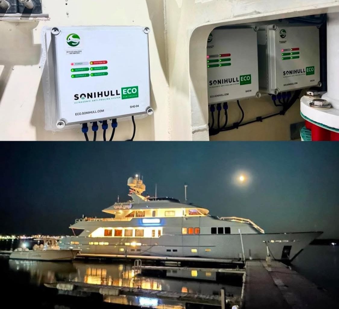 collage of yacht and sonihul ultrasonic antifouling system installation placements